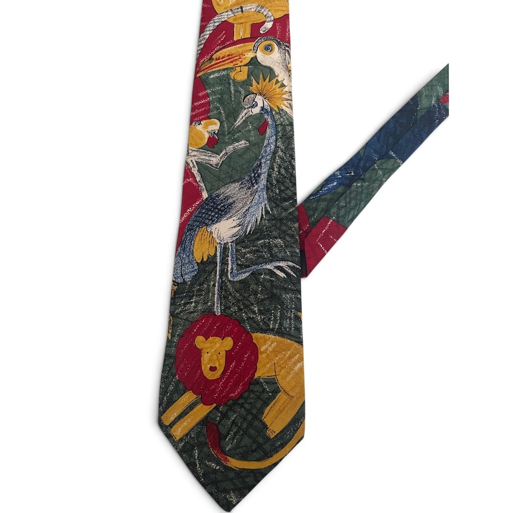 Vintage '91 World Wildlife Fund Silk Animal Tie Lion Owl Crane 4" Blade Retro - Picture 4 of 7